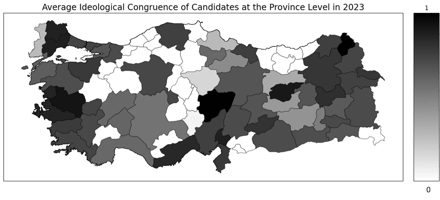 Map of Turkey shaded by province, from white (0) to black (1), showing the average ideological congruence of candidates in 2023.